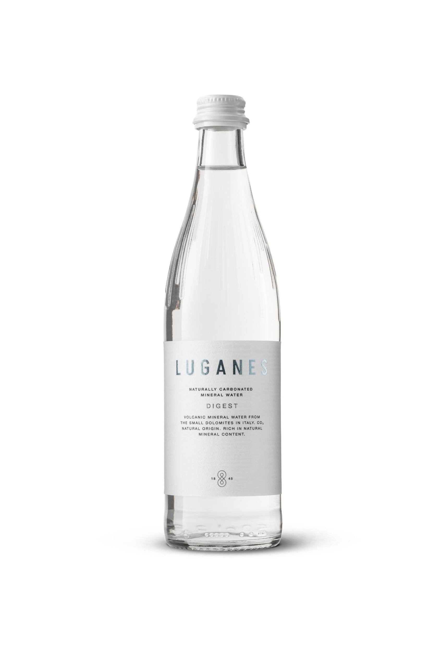LUGANES Digest 50 cl bottle on white with a silver-blue foil label